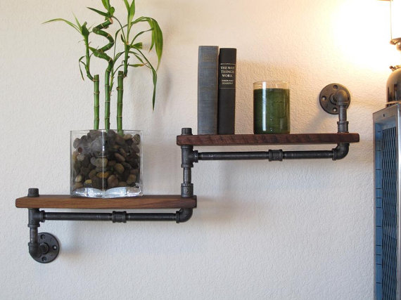 Industrial Plumbing Pipe Shelf - Double Walnut